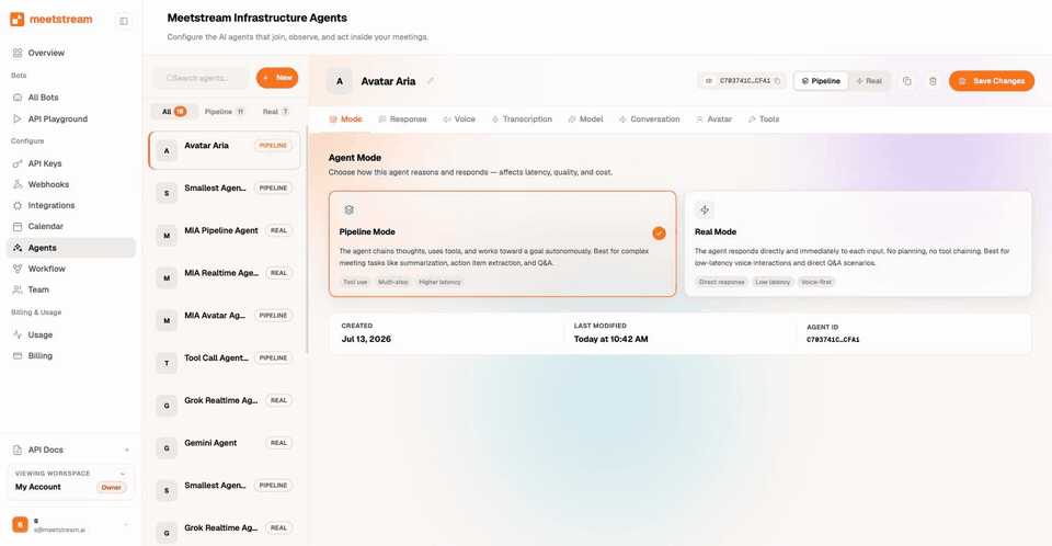Configuring an AI meeting agent, choosing pipeline or realtime mode and a voice, in the MeetStream dashboard