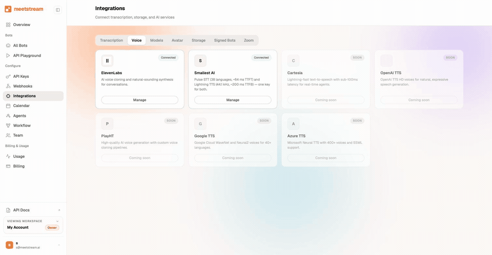 Connecting transcription, voice, and model providers in the MeetStream integrations dashboard