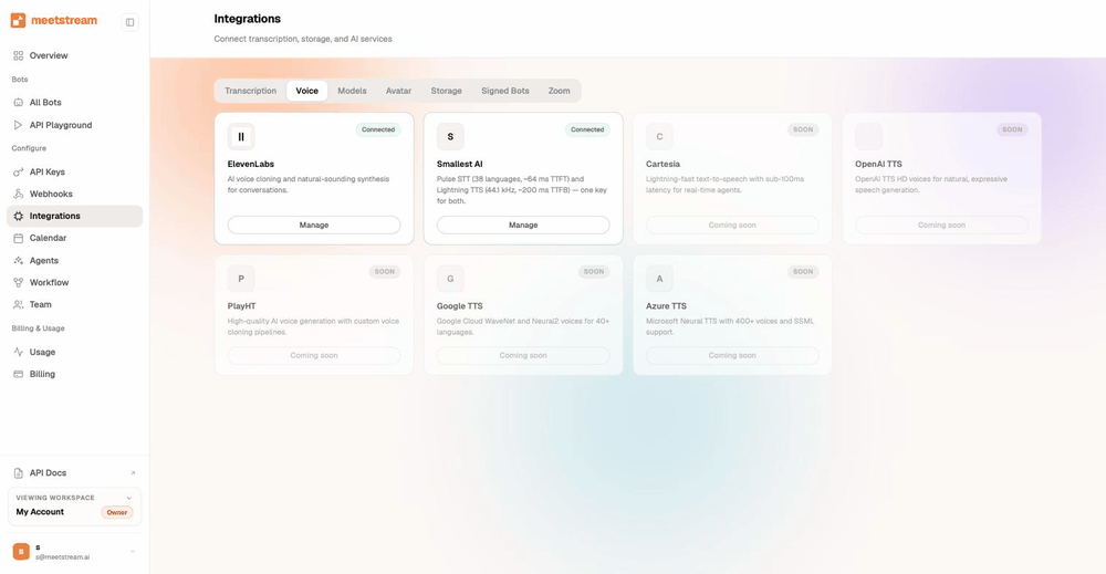 The MeetStream integrations dashboard with connected transcription providers