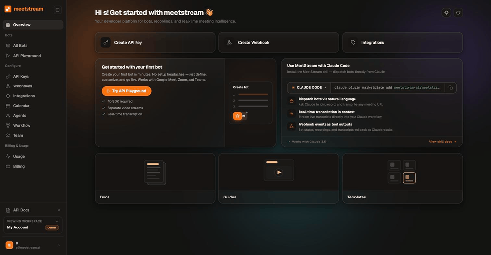 The MeetStream developer dashboard overview and getting-started view