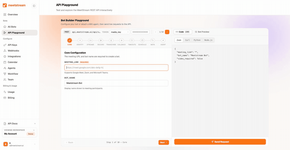 Building a meeting bot in the MeetStream API Playground while the JSON request body updates live