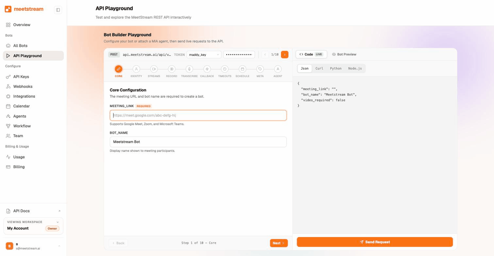 The MeetStream API Playground with a bot request and its live JSON request body