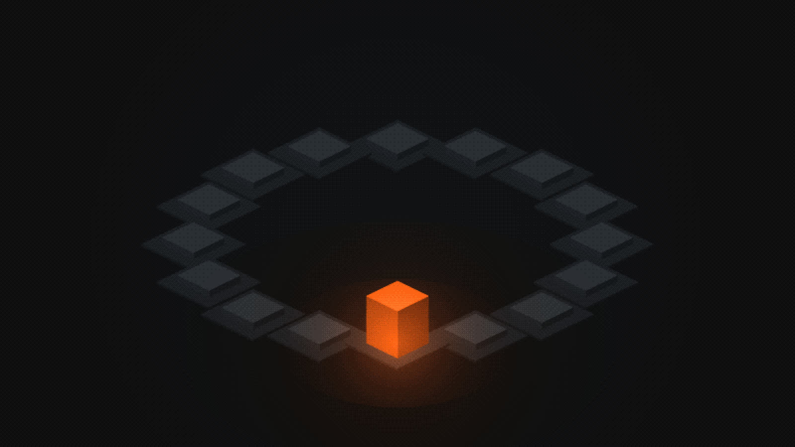 An isometric ring of pillars rising and falling like speech. They fall quiet, then one orange pillar rises and answers